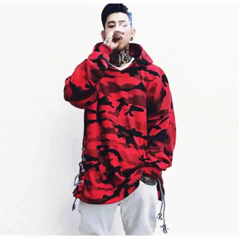 

2017 Spring Teenagers camouflage pop skateboard hoodie red/ blue long bandage sweatshirt slim lovers hip hop street tracksuit