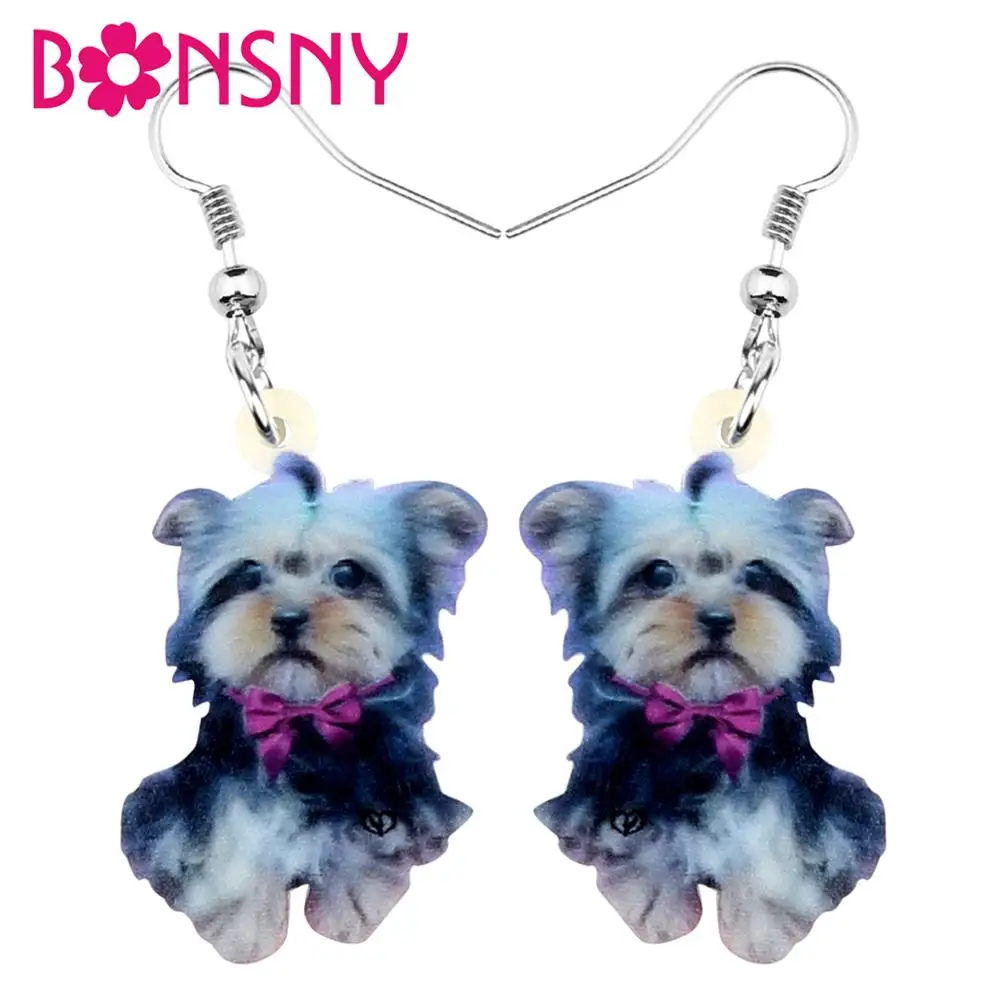 

Bonsny Acrylic Wear Purple Tie Yorkshire Terrier Dog Earrings Drop Dangle Fashion Cute Jewelry For Women Girls Gift Decoration