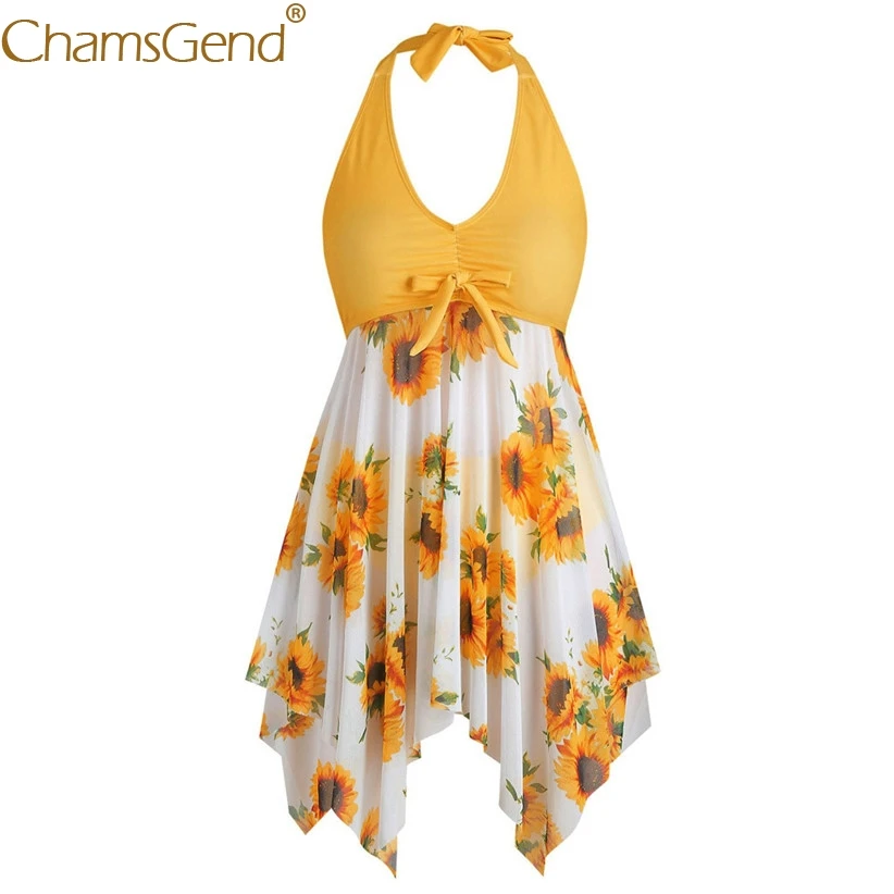 

Sunflowers Print Women Sexy Halter Tankini Set Two Piece Push Up Padded Swimsuit High Waist Swimwear Brazilian Swimsuits 90604