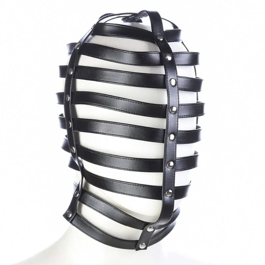 

Leather Restraint Soft Hood Hollow Mask ,Fetish Blindfold Rivets Gimp, Head Harness Roleplay,Halloween Accessories,