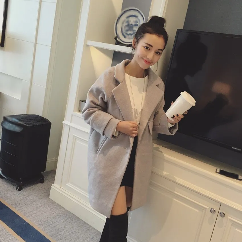 Kopen Nieuwe Mode Vrouwen Lange Mouw Wollen Jas Vintage Turn down Kraag Losse Jassen Koreaanse Herfst Winter Lange Overjas