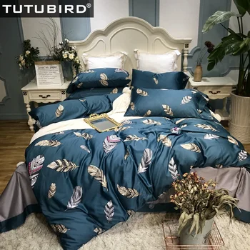 

Blue feather pirnt Floral Percal 100% Egyptian cotton bedding sets bedlinen sheets Satin duvet cover European girls bedspreads