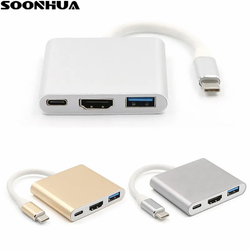 SOONHUA Type C USB 3.0 to USB-C 4K HDMI USB3.0 Adapter 3in1 Hub For Apple Macbook Laptop USB 3.0 Type C HDMI Adapter HUB