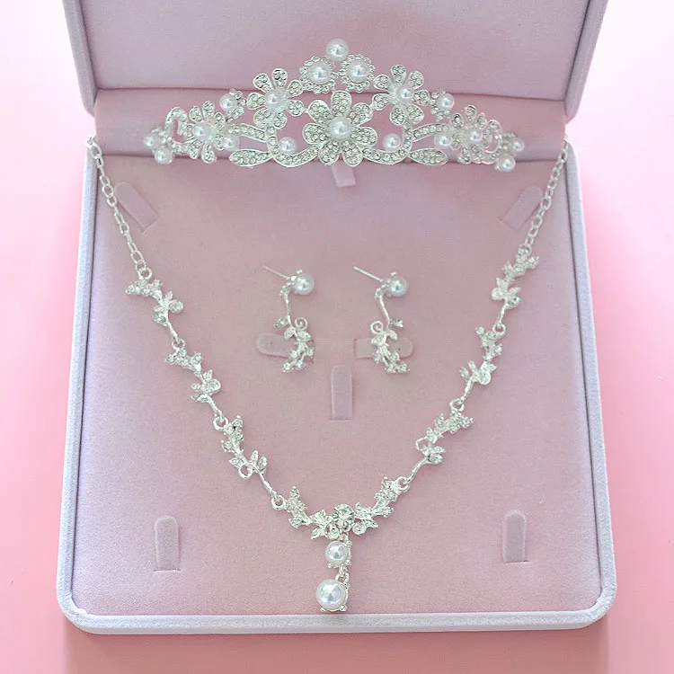 Diários de noiva Nupcial Flor Waterdrop Cor Prata Strass Noiva 3 pcs Set Colar Brincos Conjunto De Jóias de Casamento Da Tiara Da Coroa (16)