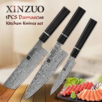 

XINZUO 5'' in+7' in+8.5'Utility Slicing Chef Cooking Knife Set Kitchen Knives Damascus Stainless Steel Knives New Ebony Handle