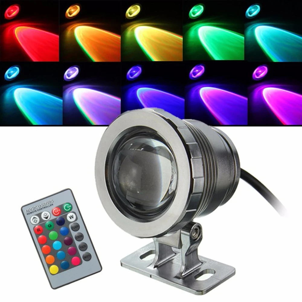 IP68 10W RGB LED Light Garden Fountain Pool Pond Spotlight Waterproof Underwater Lamp with Remote Control Black/Silver floodlight spotlight