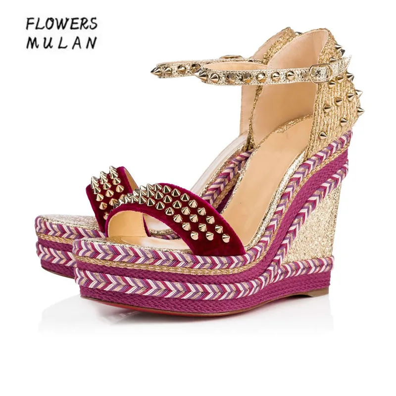 

New Women Sandals Ankle Buckle Strap Party Checkered Sweet High Wedges Muticolor Rivet Shoes Woman Square Studded Upper Heel