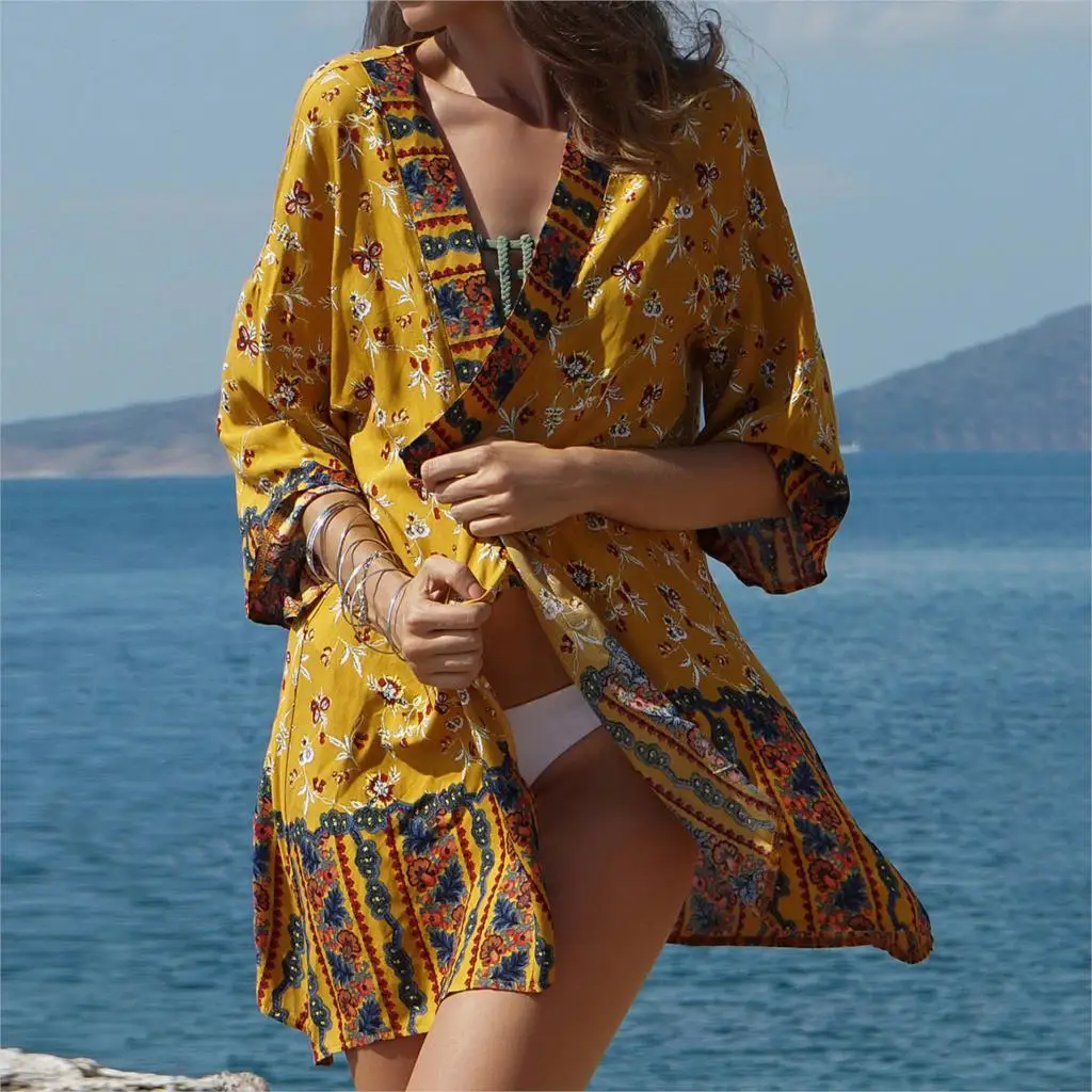 Винтаж кимоно с цветочным принтом летняя куртка Boho 3/4 свободные кардиган пляжная повседневное плюс размеры женская одежда 2019 Campera Mujer