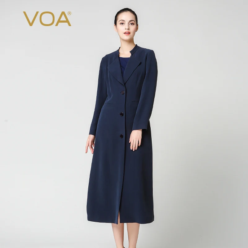 

Unique turn down collar trench ladies navy blue mid calf trench VOA solid straight windbreaker plus size F7330