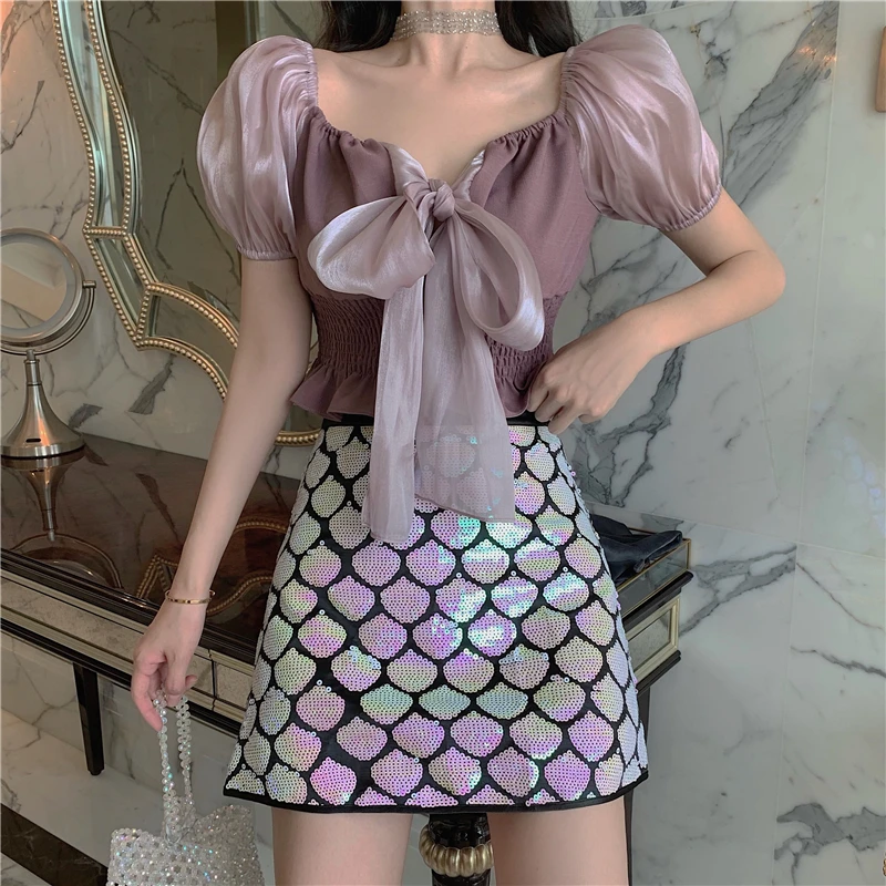 Blusas mujer de moda 2019 шикарный топ с рукавами-фонариками топы женские блузки летние