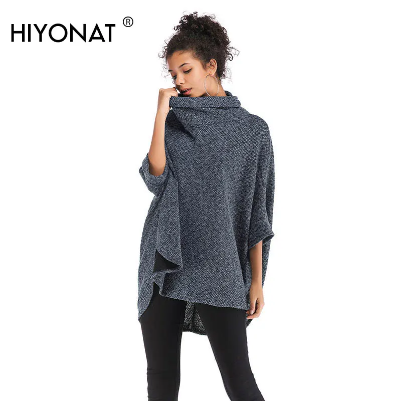 Hiyonat Long Cloak Sweaters Women Fall Turtleneck Ladies Sweater Textured Knit Warm Cape Pullover Ethnic Batwing Sleeve Tops