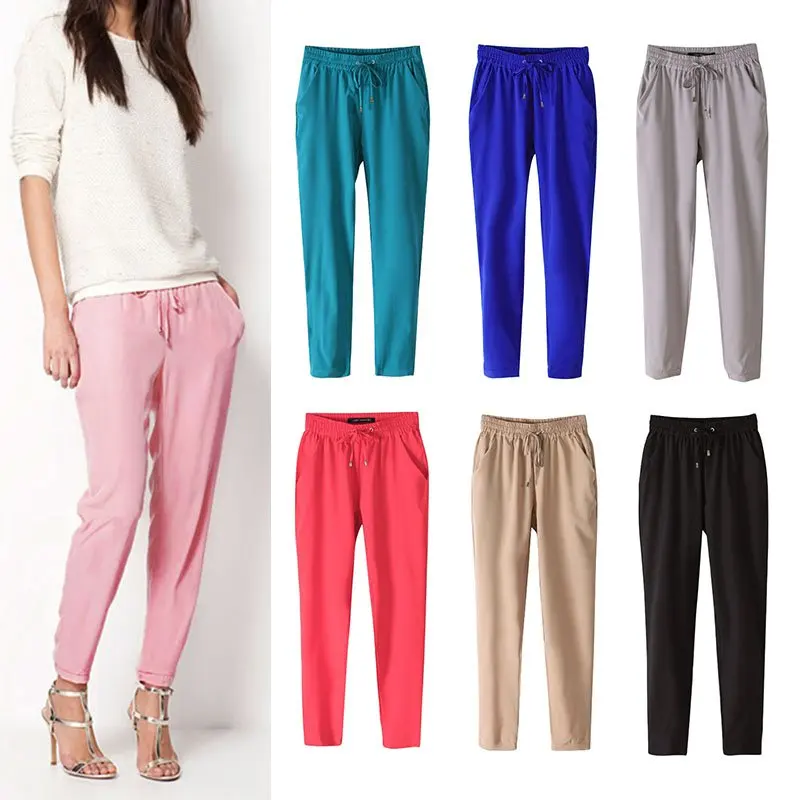 Women Pants Casual Long Harem Pants Lady Pure Color Elastic Chiffon ...