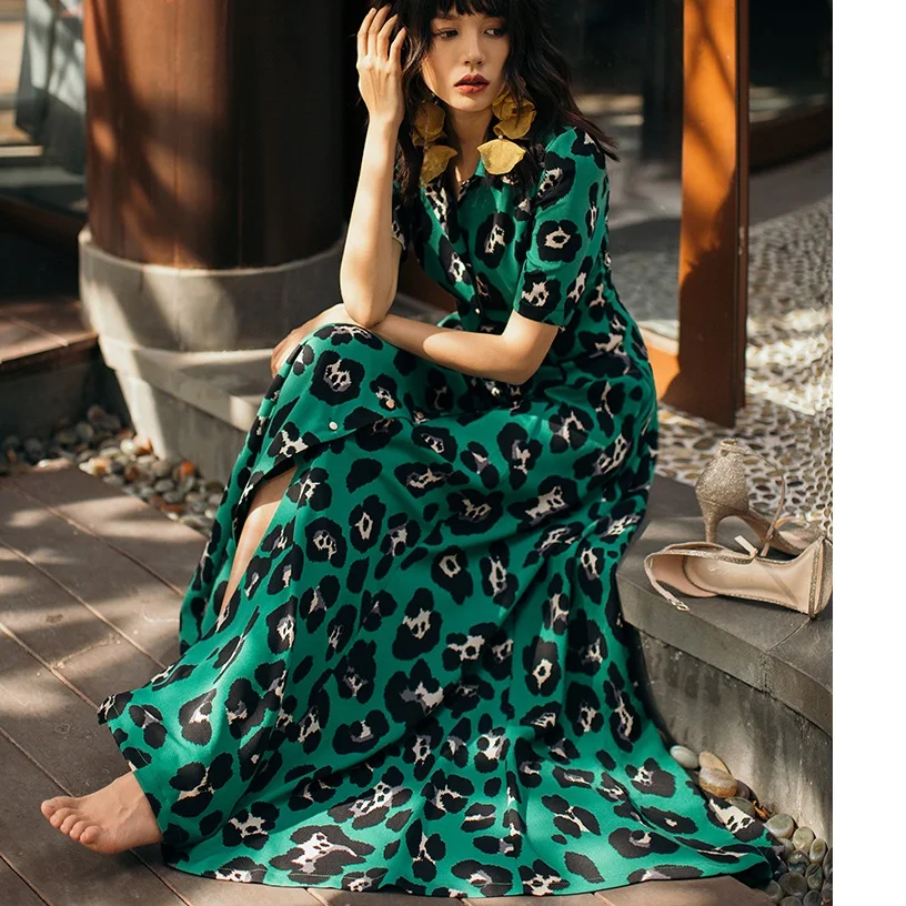 

2019 Spring Summer Long Dress High Quality Women Turn-down Collar Abstract Print Short Sleeve Long Shirt Style Casual Maxi Dress