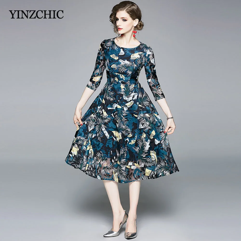 

New Autumn Woman Print Lace Dress O-neck Ladies Elegant A-line Party Dresses Female Casual Midi Laces Dress Woman Dresses