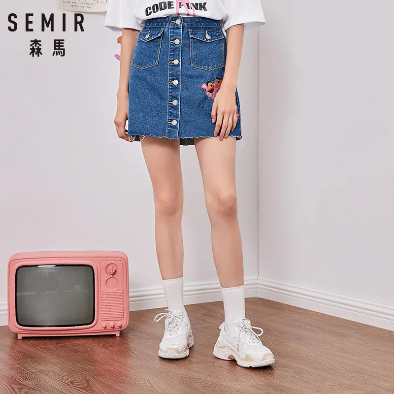 

SEMIR Women Embroidered Short Denim Skirt with Raw-edge Hem Women Front Button Closure Denim Skirt with Pocket Chic Style