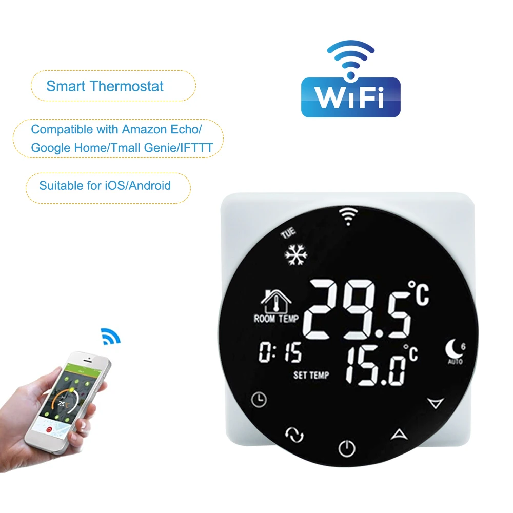 

Voice WiFi Thermostat LCD Digital Electric Heating Temperature Controller Black Programming NTC Sensor Google Home Touch Screen