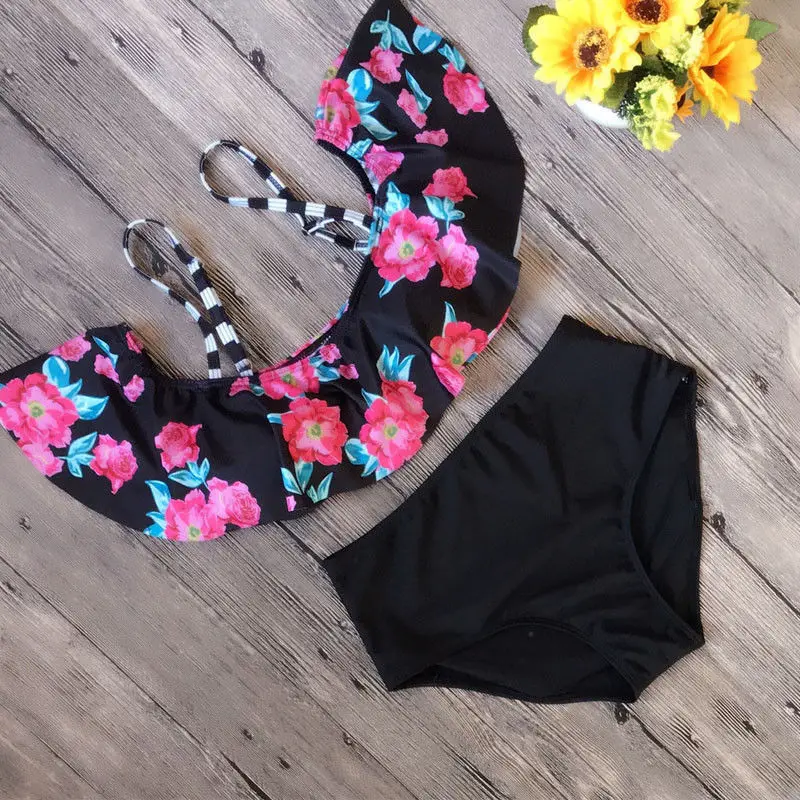 

2PCS Set Swimwear Women Push-up Padded Bra Bandage Ruffles Bikini Set High Waist Swimsuit Female Triangle Bathing Suit Plus Size