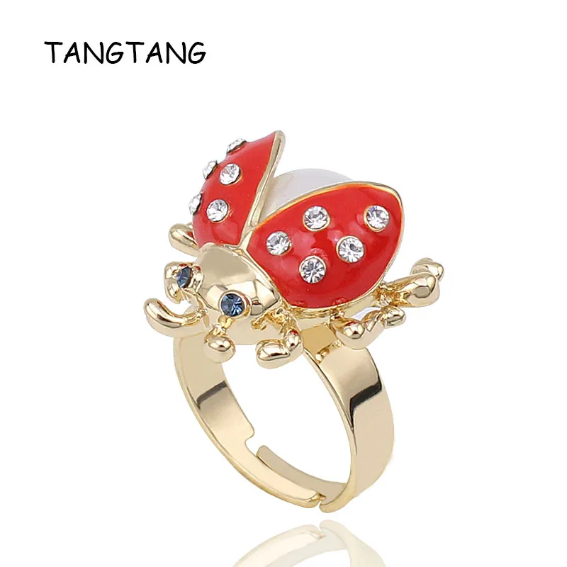 

AAA Pearl Rhinestone Ladybug Fly Insect Fashion Golden Rings With Red Wings Holiday Jewelry Beetle Accessories, Item NO.: R5113