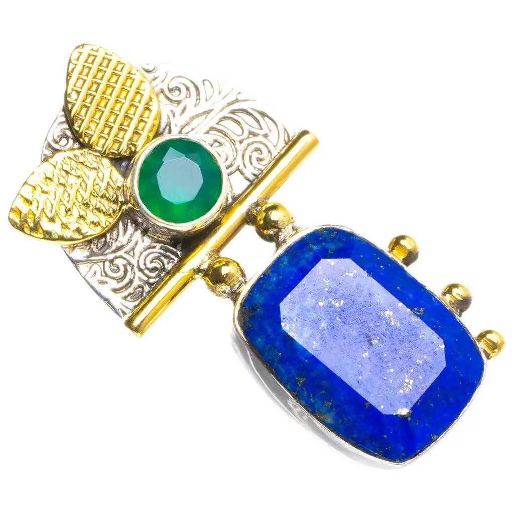 

Natural Two Tones Lapis Lazuli and Chrysoprase Handmade Unique 925 Sterling Silver Pendant 1.25" Y5152