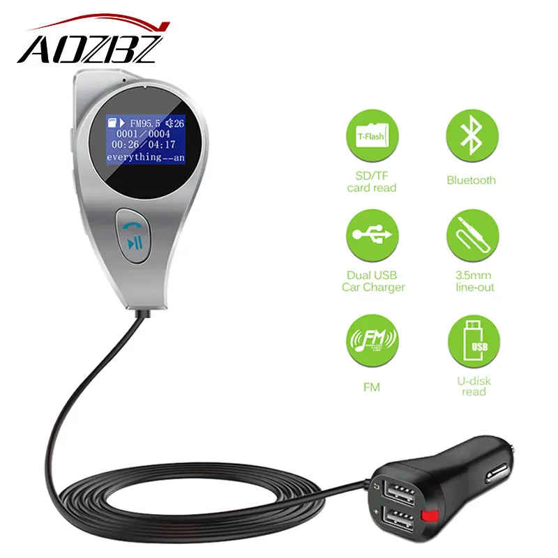 Aozbz Bluetooth автомобильный набор, свободные руки, mp3 музыкальный плеер FM передатчик модулятор 2.1A устройство для автомобиля с двумя портами USB Зарядное устройство Поддержка, u-диск, tf-карта, DC 12 V/24 V