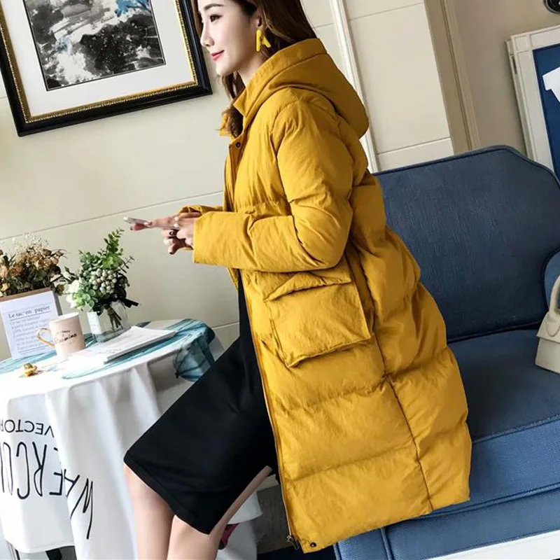 Зимний модный женский корейский теплый хлопковый костюм сплошной цвет большой карман длинный с капюшоном Женский хлопок