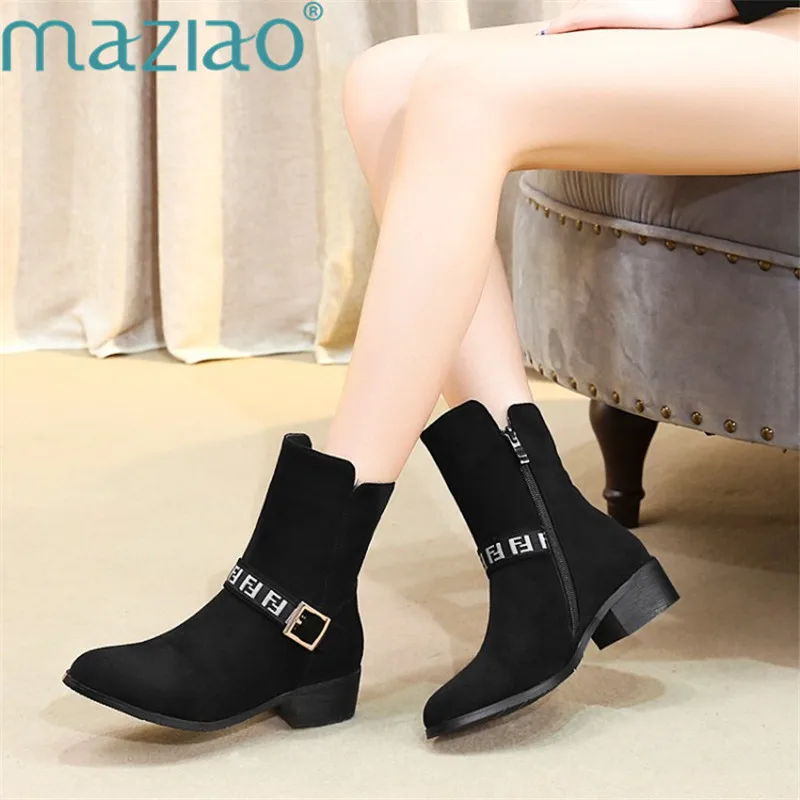 

Fashion Suede Leather Ankle Boots Round Toe Square Heel Short Boots Handmade Buckle Leisure Women Shoes MAZIAO