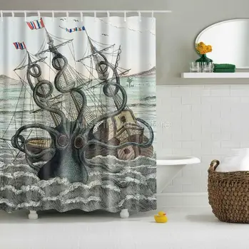

Colored Octopus Kraken Attack Galleon Sailing Ship Design Custom Shower Curtain Polyester Fabric With 12 Hooks Multi-Size