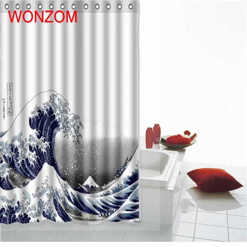 

WONZOM Landscape Shower Curtains with 12 Hooks For Bathroom Decoration Modern 3D Polyester Spindrift Bath Waterproof Curtain