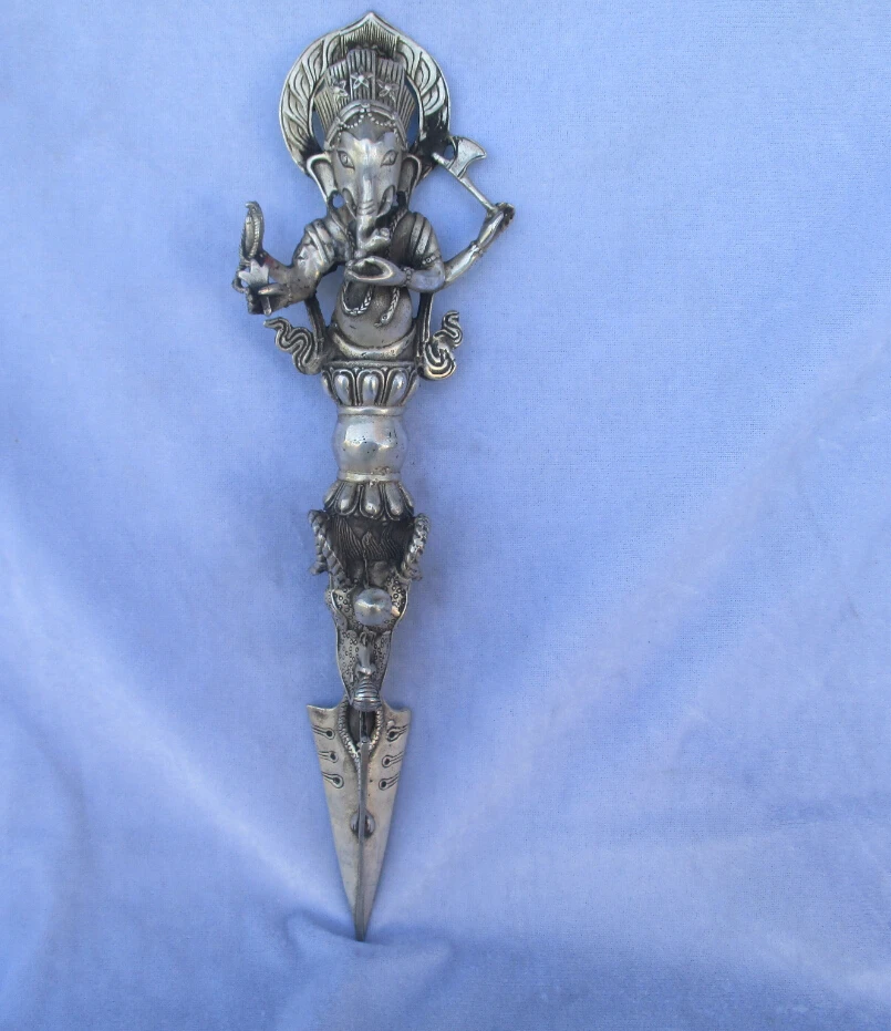 Коллекционные старый ручной работы Тибет серебряный буддийский меч, Резная Голова слона/ритуал кинжал статуя от тибетский, длинные 13 дюймов