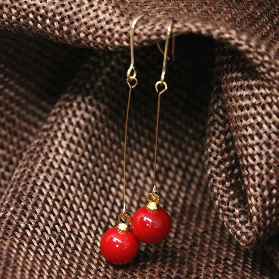 

High grade 8mm imitation red coral long earrings for women girl fashion gift eardrop earbob dangle hot sale jewelry B1819