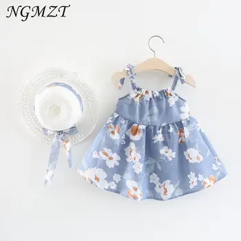 

Baby Dress Bow Sleeveless Floral Beach Baby Girl Dress With Hat A-Line Cotton New Summer Infant Dresses For Girls Clothes