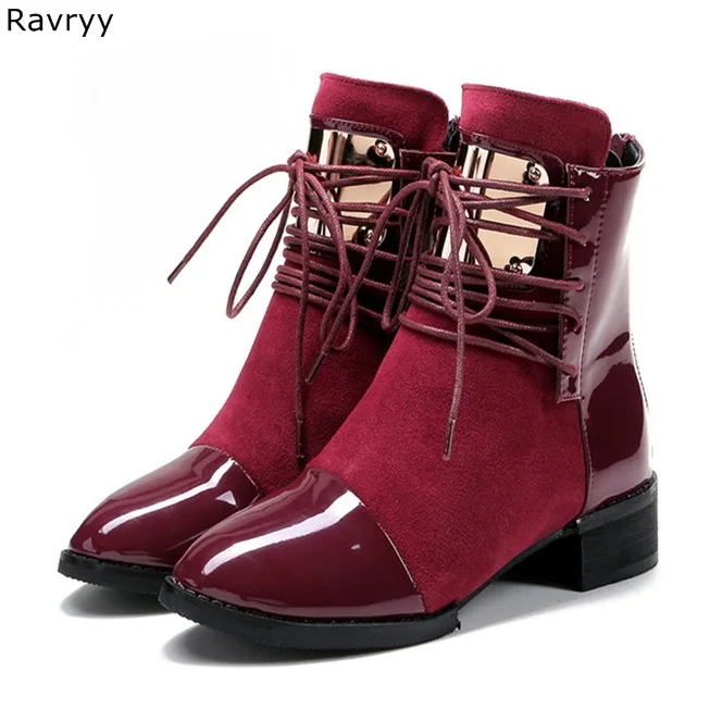 

Lace Up Woman's short boots wine red suede leather patch work women ankle boot round toe low heel autumn fashion female shoes