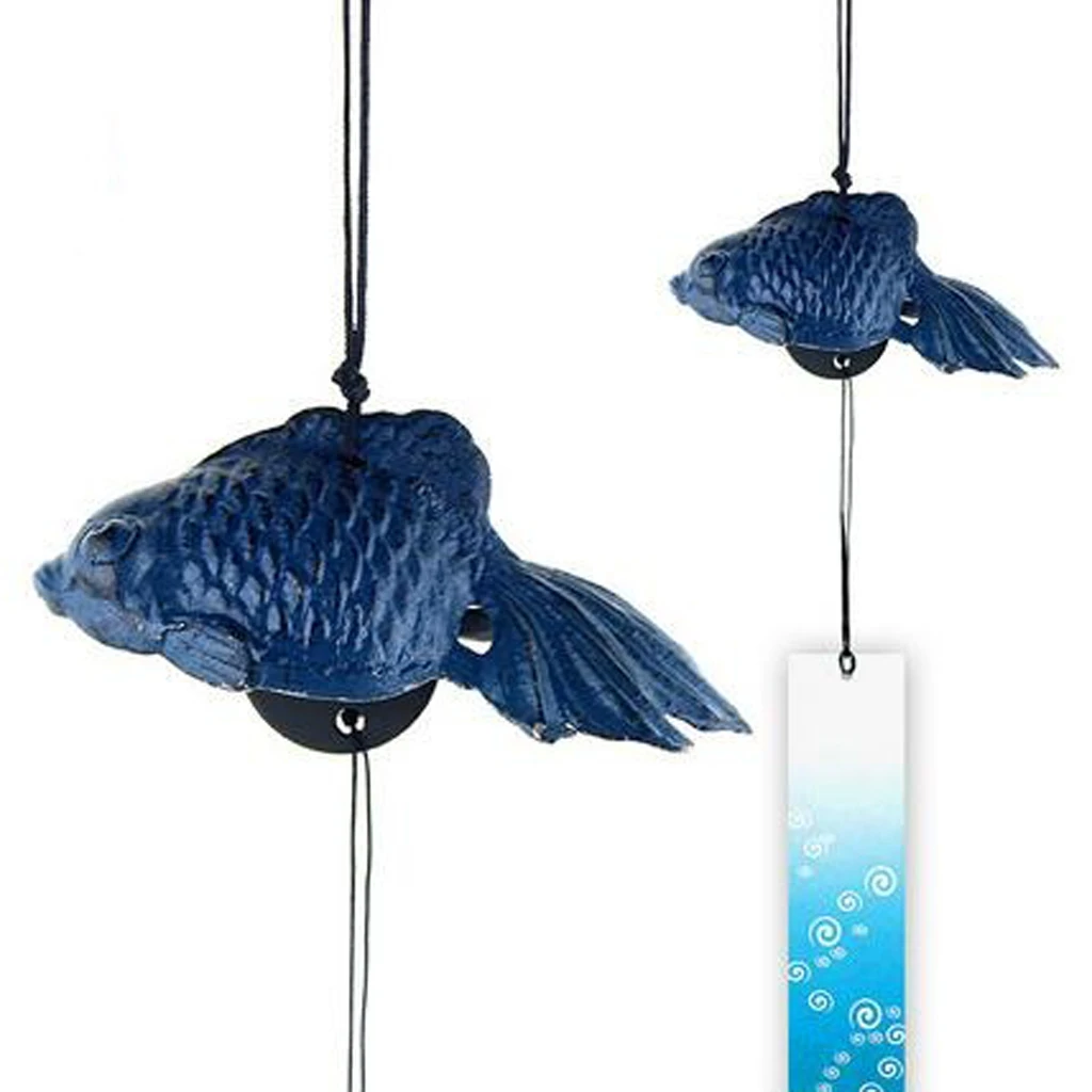 Japanese Goldfish Furin Windchime Cast Iron Temple Garden Home Decor Blue
