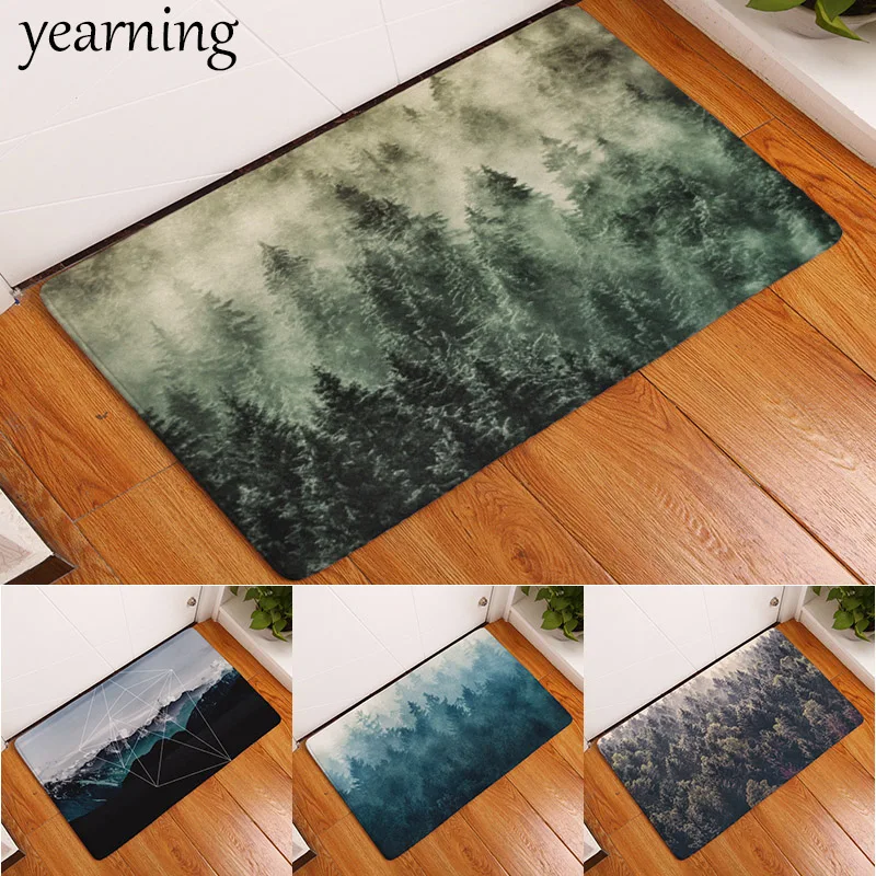 

Scenery Floor Mat Mountain Tree Forest Foggy Print Anti-Slip Coral Flee Doormat Carpet Rug Use Hallway Kitchen Bedroom Bathroom