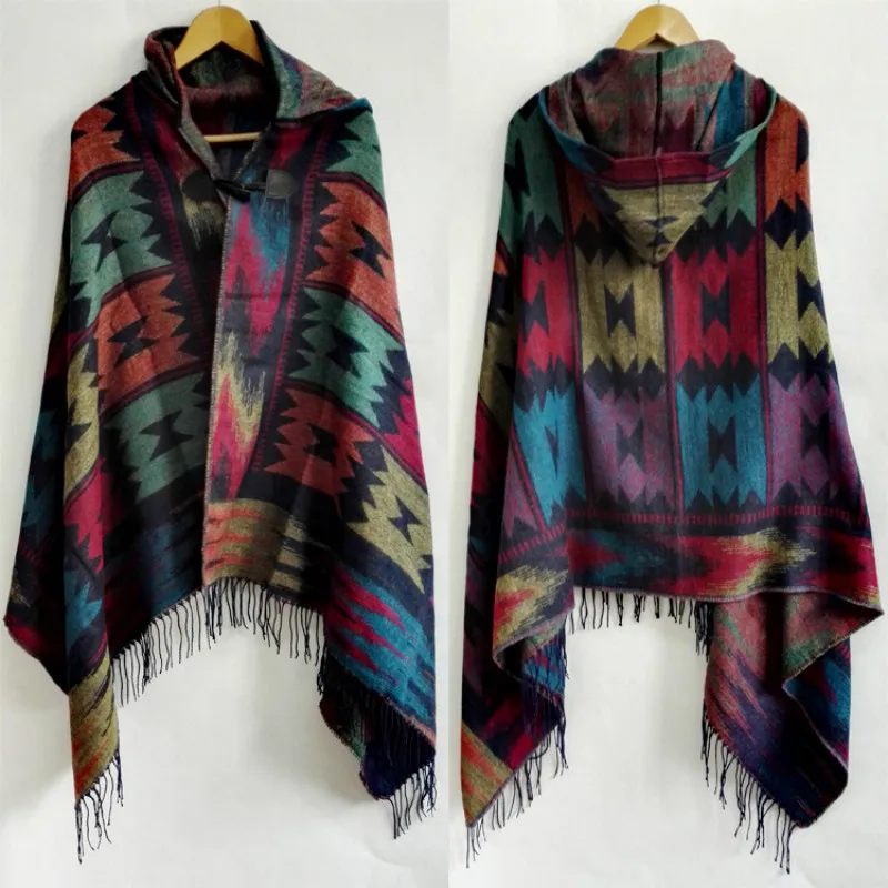 

Retro Bohemian Geometric Shawl Scarf Poncho Tribal Fringed Coat Hoodies Jacket striped Cardigans blankets Cape shawl with tassel