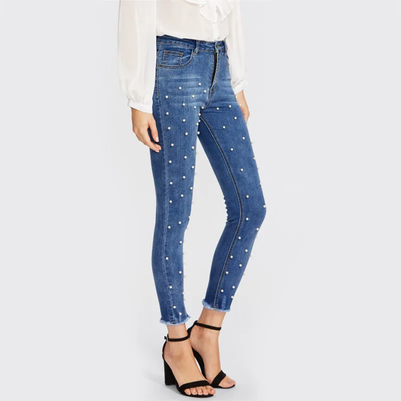 MORUANCLE Модные женские обтягивающие джинсы-карандаш с жемчугом, высокая талия, Стрейчевые джинсовые штаны, украшенные бисером, потертые эластичные джинсовые брюки