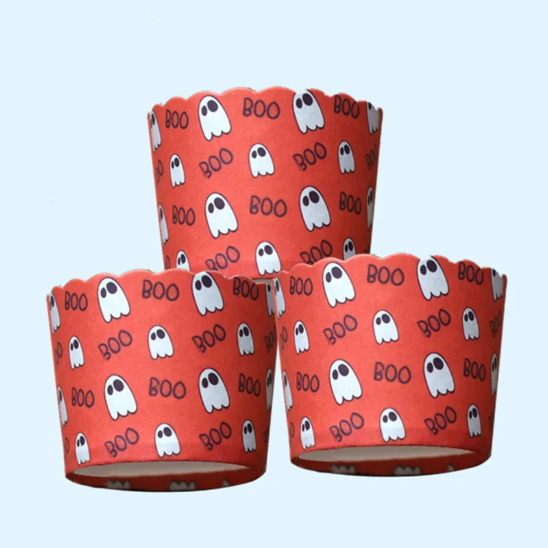 

100pcs White Ghost Boo Design Halloween evening Paper Cake Cupcake Cup Tray Liners Muffin Cupcake Cases Oven Baking Tools