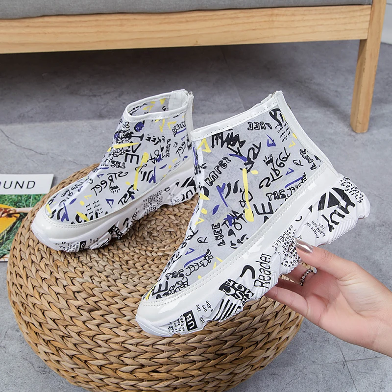 

2019 new non slip shoes graffiti Spring summer black white high top women Sneakers Fashion breathbale mesh low heels espadrilles
