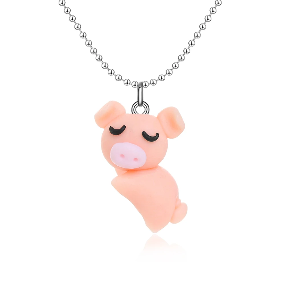 1PC New Handmade Polymer Clay Cute Sleeping Pig Pendant Necklace For