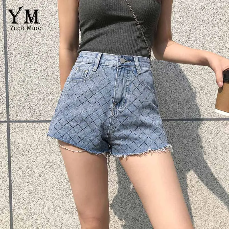 Синий YuooMuoo Chic лето для женщин джинсовые шорты Новое поступление Мода Корейская Высокая талия джинсы для шорты Горячая Бисер широкие брюки - Цвет: Синий