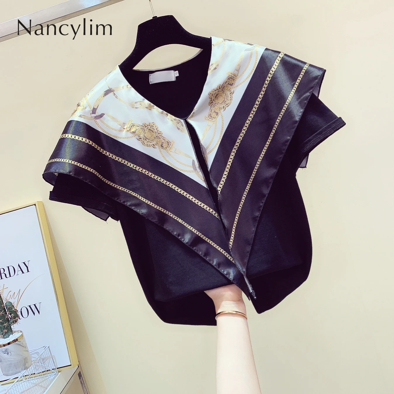 

Korean Style Scarf Stitching T-shirt for Women Summer Navy Lapel Shirt Female Lady Temperament Tshirt Tops Nancylim T Shirts