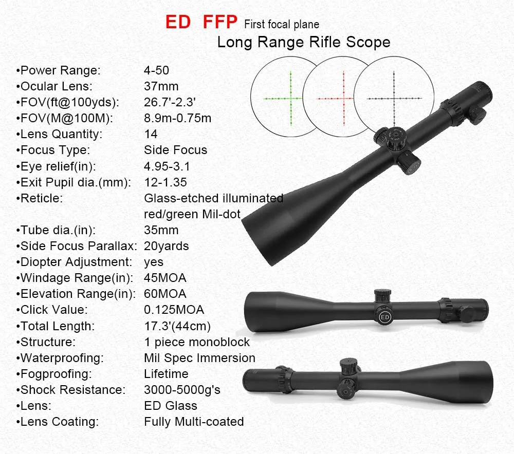 Оптика SECOZOOM ED объектив FFP 4-50x75 с подсветкой прицел первое переднее фокусное плоское стекло с гравировкой 35 мм прицел w 35 мм