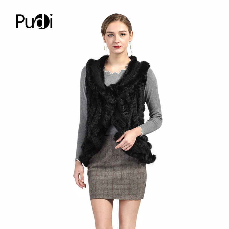 VT7016 women knitted real rabbit fur vest jacket new style black color