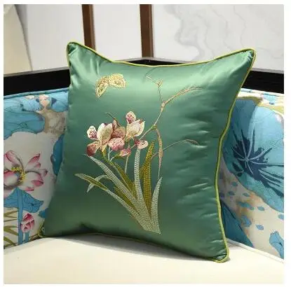 traditional Chinese orchid embroidered cushion cover classical flowers style lumbar pillow cover waist pillowcase for cushion