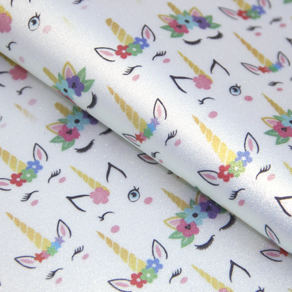 

david angie 20*34cm Unicorn Flower Printed Shiny Pearl Faux Synthetic Leather Fabric DIY Bow Bag Decoration Material,1Yc7309