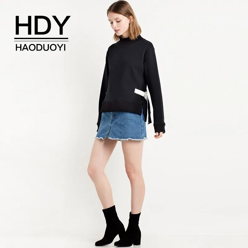 

HDY Haoduoyi Fashion High Collar Side Slit Metal Buckle Sporty Young Girl Casual Sweatshirt Wholesale