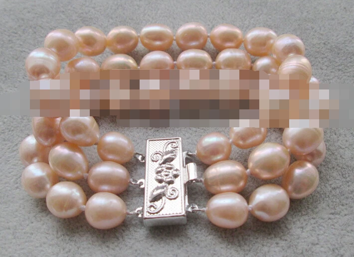 

free shipping 00877 3row pink baroque rice freshwater pearl bracelet - gold plated
