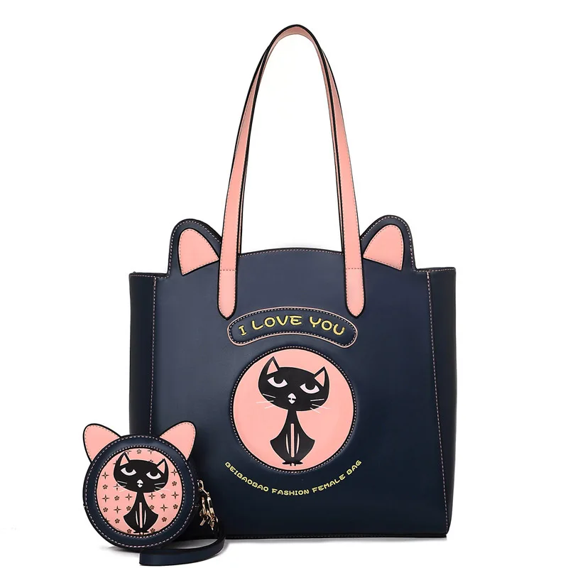 

2016 Women Winter New Cute Cartoon Cat Composite Handbags Lovely Kitty Cat Totes Tide Ladies Shoulder Bags with Coins Purse