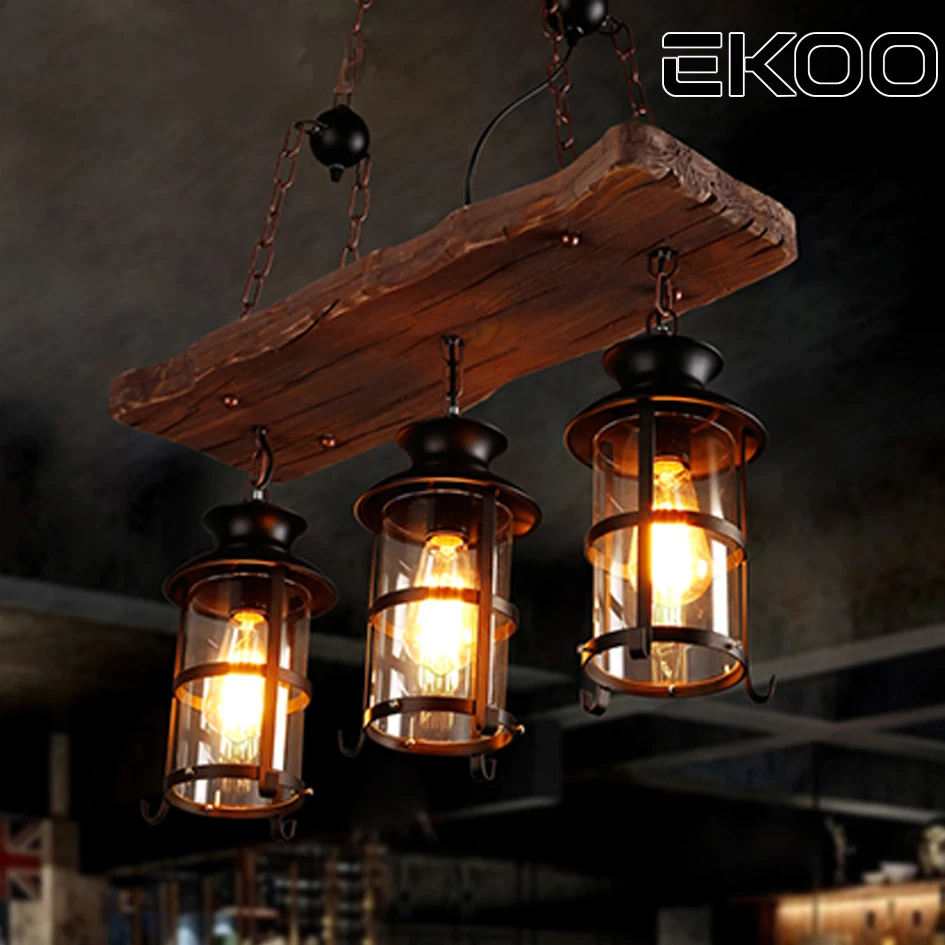 Ekoo 3 Light Vintage Retro Wood E27 Chandelier Iron Light Vintage Retro Wood E27
