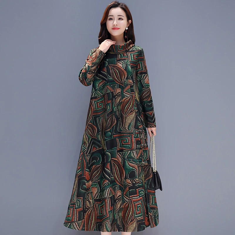 

Green Velvet dress women plus size elegant long sleeve vintage red print midi party dresses winter 2019 spring warm clothes